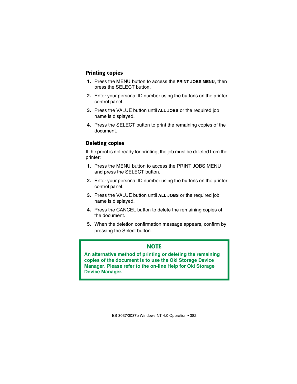 Printing copies, Deleting copies, Printing copies deleting copies | Oki 3037 User Manual | Page 382 / 546