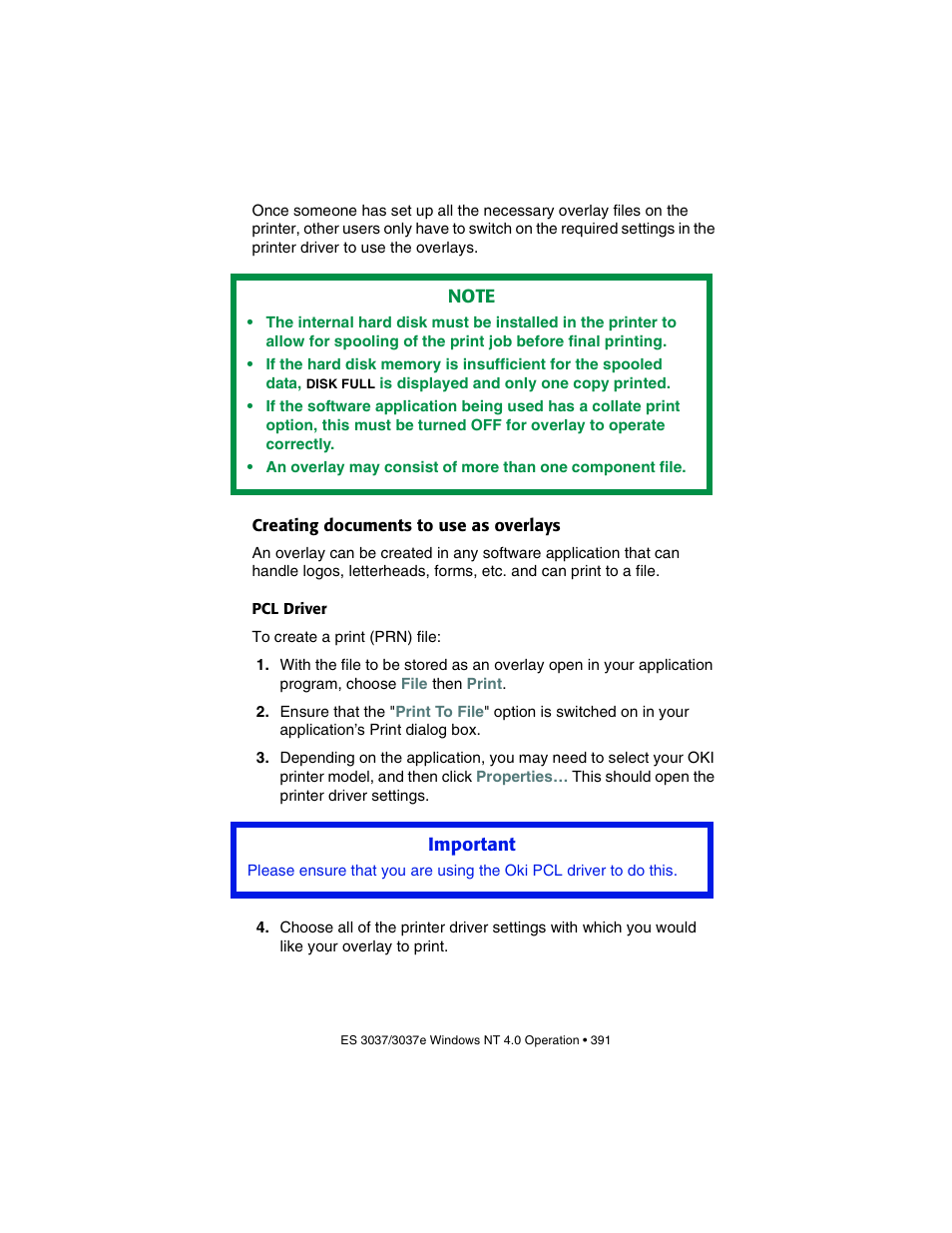 Creating documents to use as overlays, Pcl driver | Oki 3037 User Manual | Page 391 / 546