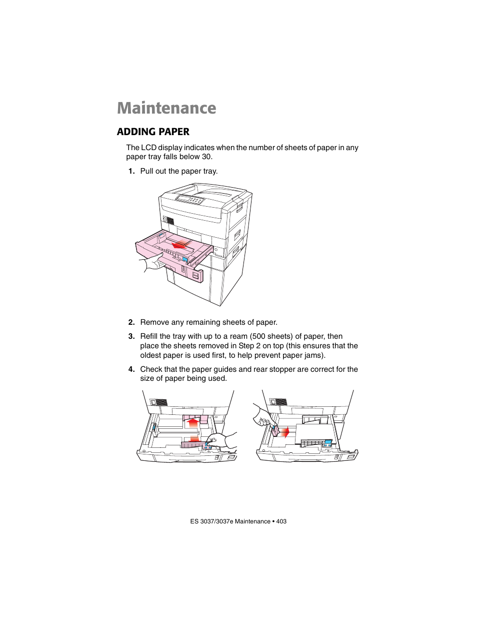 Maintenance, Adding paper | Oki 3037 User Manual | Page 403 / 546