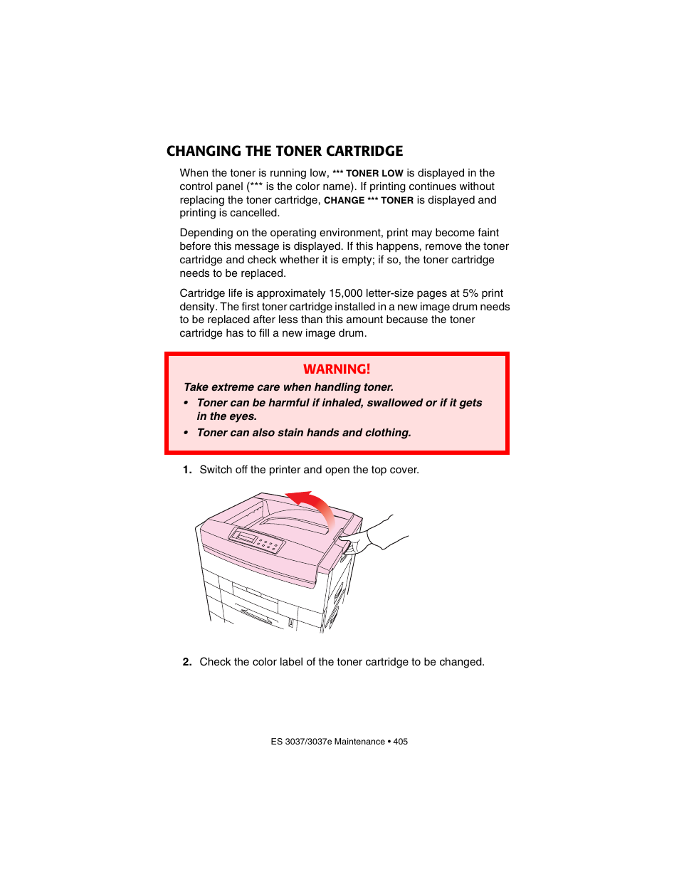 Changing the toner cartridge | Oki 3037 User Manual | Page 405 / 546