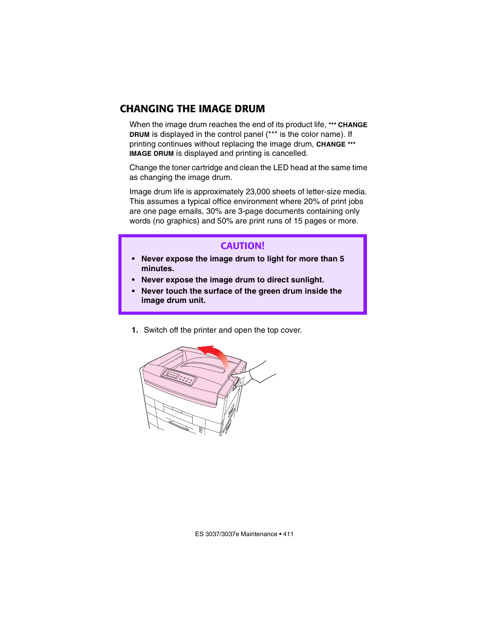 Changing the image drum, Caution | Oki 3037 User Manual | Page 411 / 546