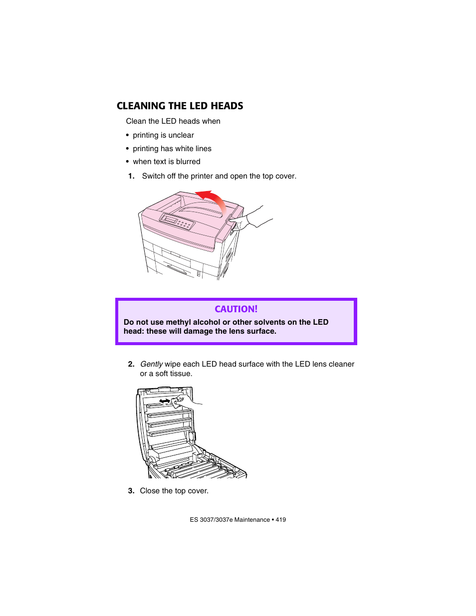 Cleaning the led heads, Caution | Oki 3037 User Manual | Page 419 / 546