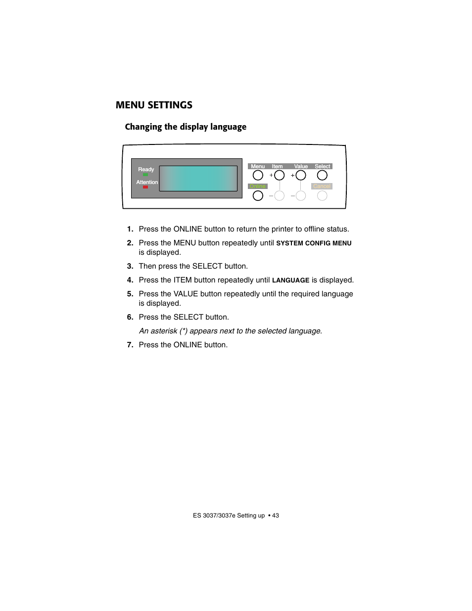 Menu settings, Changing the display language | Oki 3037 User Manual | Page 43 / 546