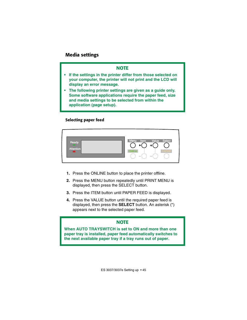 Media settings, Selecting paper feed | Oki 3037 User Manual | Page 45 / 546