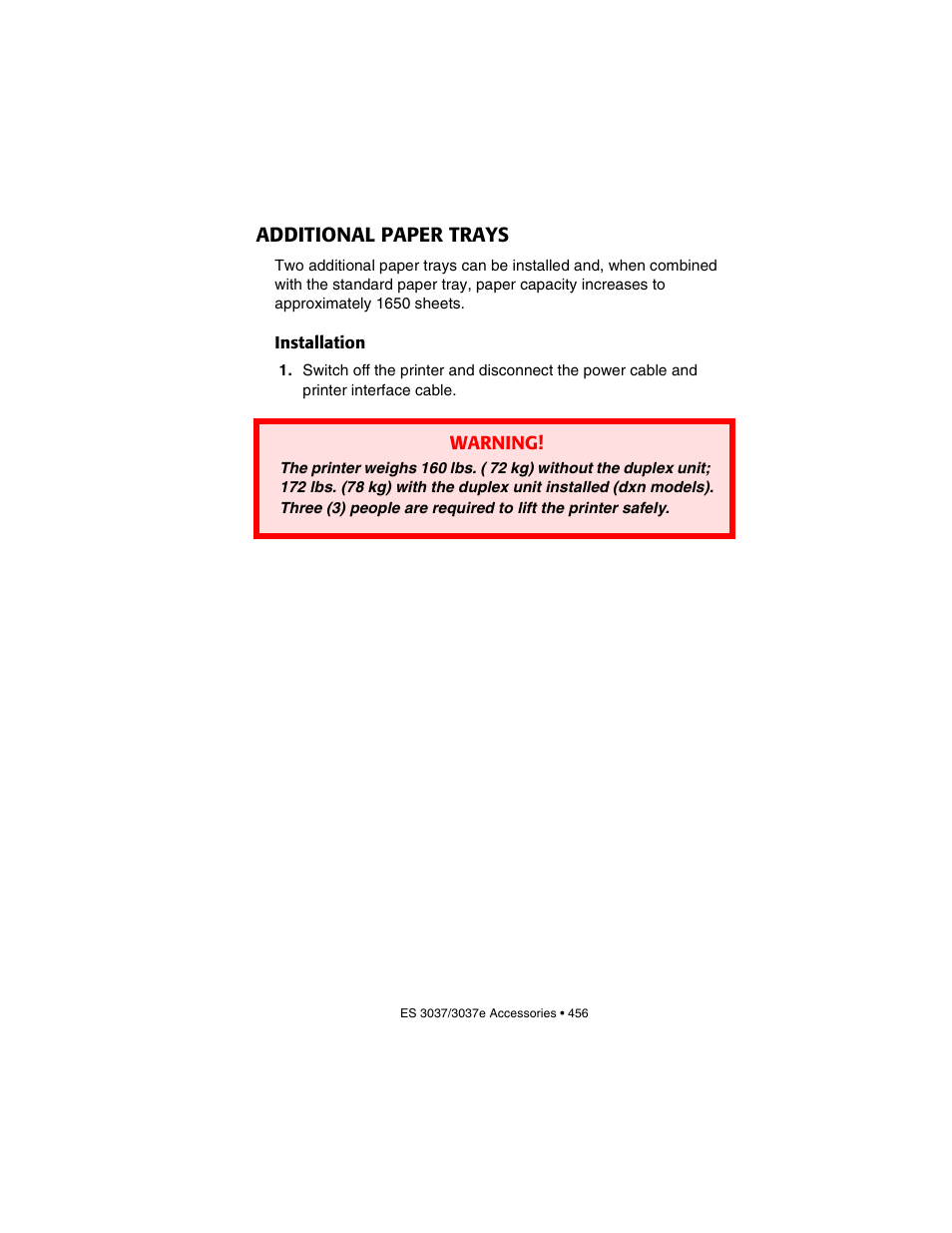 Additional paper trays, Installation | Oki 3037 User Manual | Page 456 / 546