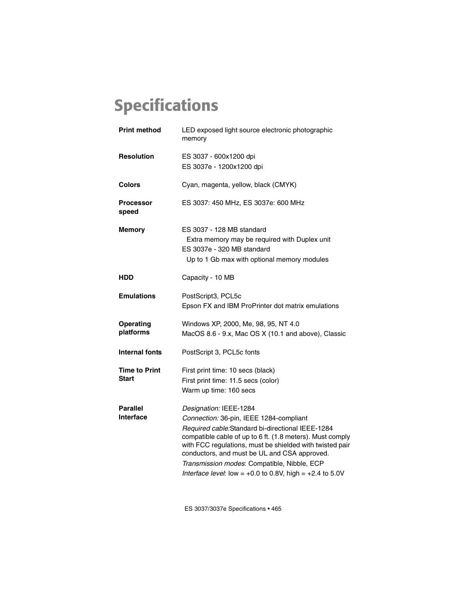 Specifications | Oki 3037 User Manual | Page 465 / 546