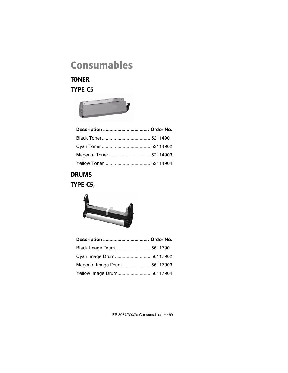 Consumables, Toner, Drums | Toner drums, Toner type c5, Drums type c5 | Oki 3037 User Manual | Page 469 / 546