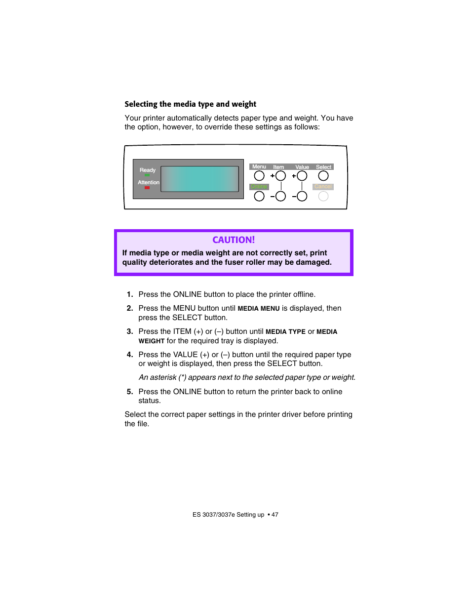 Selecting the media type and weight, Caution | Oki 3037 User Manual | Page 47 / 546