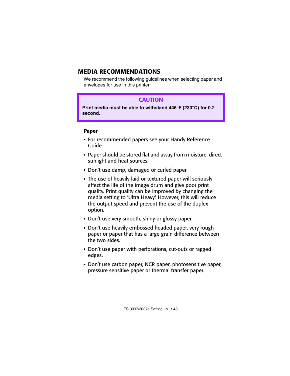 Media recommendations, Paper | Oki 3037 User Manual | Page 48 / 546