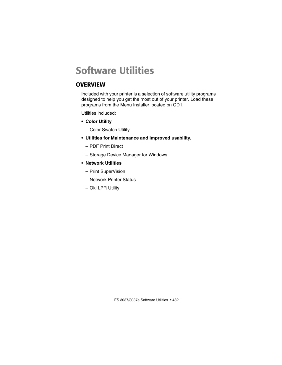 Software utilities, Overview | Oki 3037 User Manual | Page 482 / 546