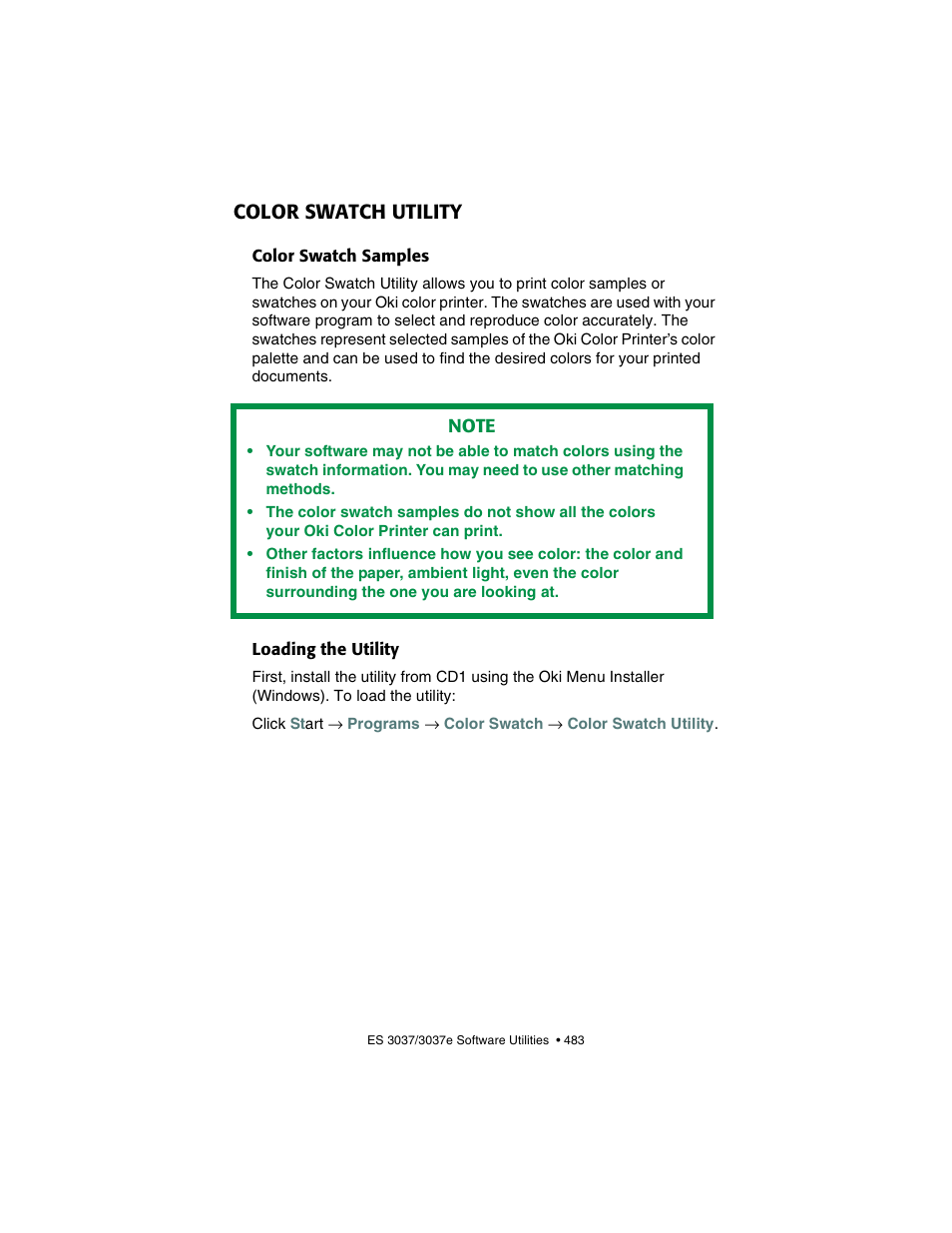 Color swatch utility, Color swatch samples, Loading the utility | Color swatch samples loading the utility | Oki 3037 User Manual | Page 483 / 546