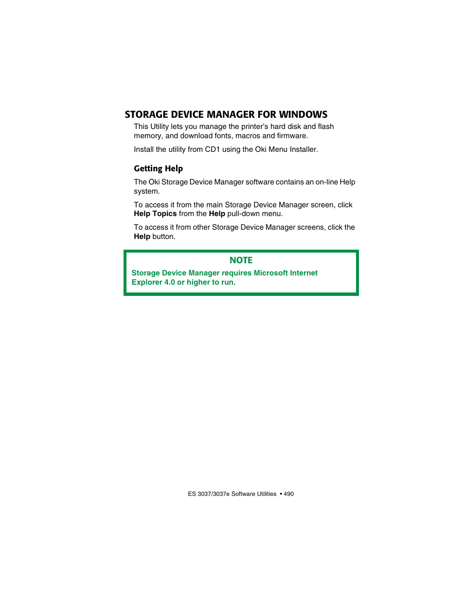 Storage device manager for windows, Getting help | Oki 3037 User Manual | Page 490 / 546