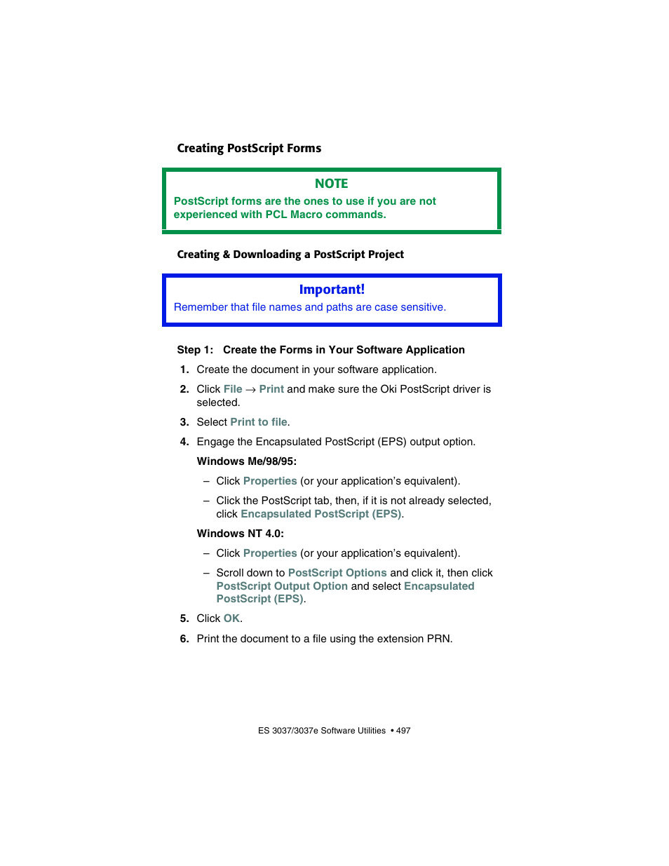 Creating postscript forms, Creating & downloading a postscript project | Oki 3037 User Manual | Page 497 / 546