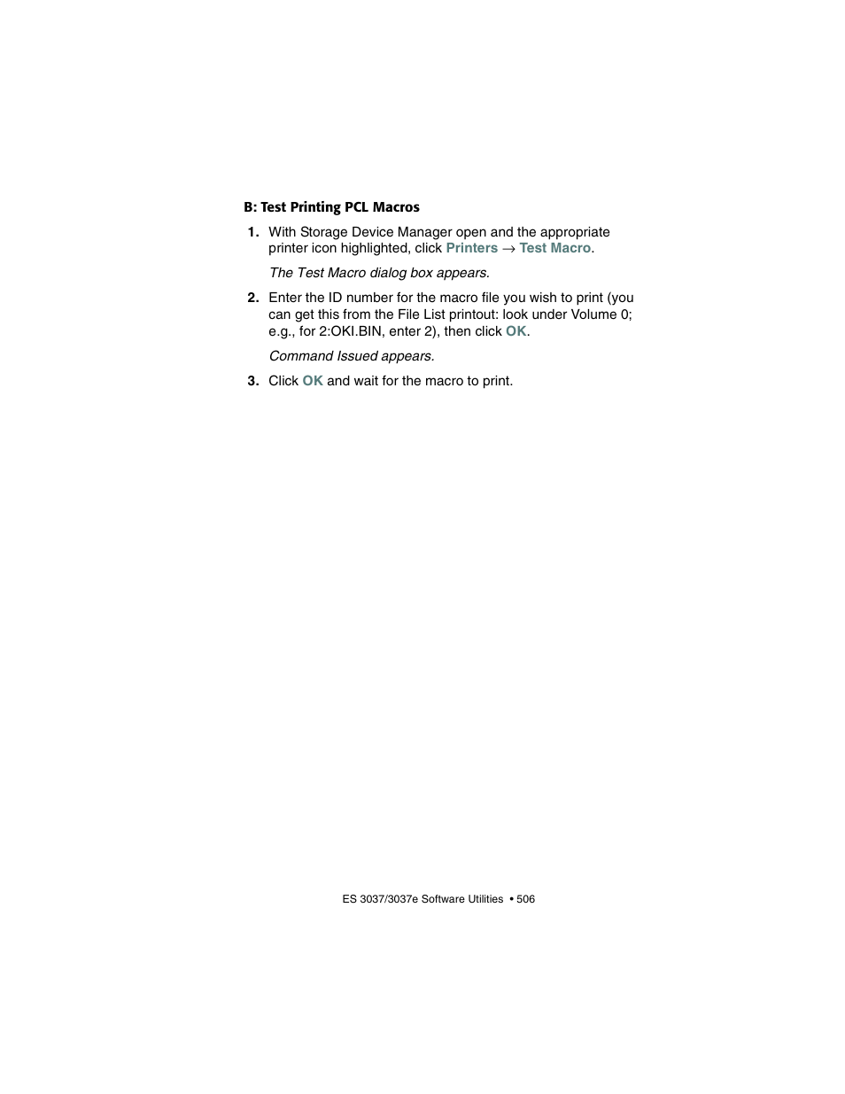 B: test printing pcl macros | Oki 3037 User Manual | Page 506 / 546