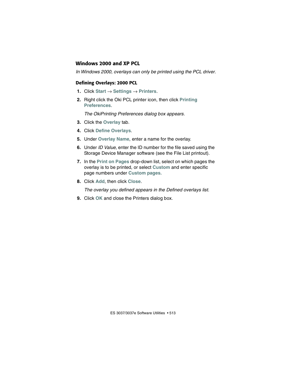 Windows 2000 and xp pcl, Defining overlays: 2000 pcl | Oki 3037 User Manual | Page 513 / 546