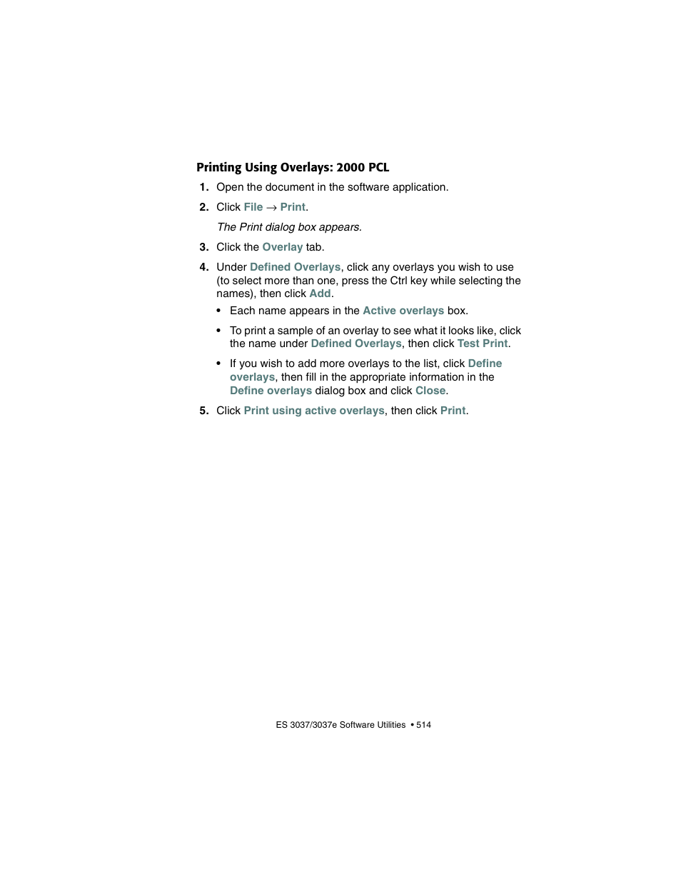 Printing using overlays: 2000 pcl | Oki 3037 User Manual | Page 514 / 546