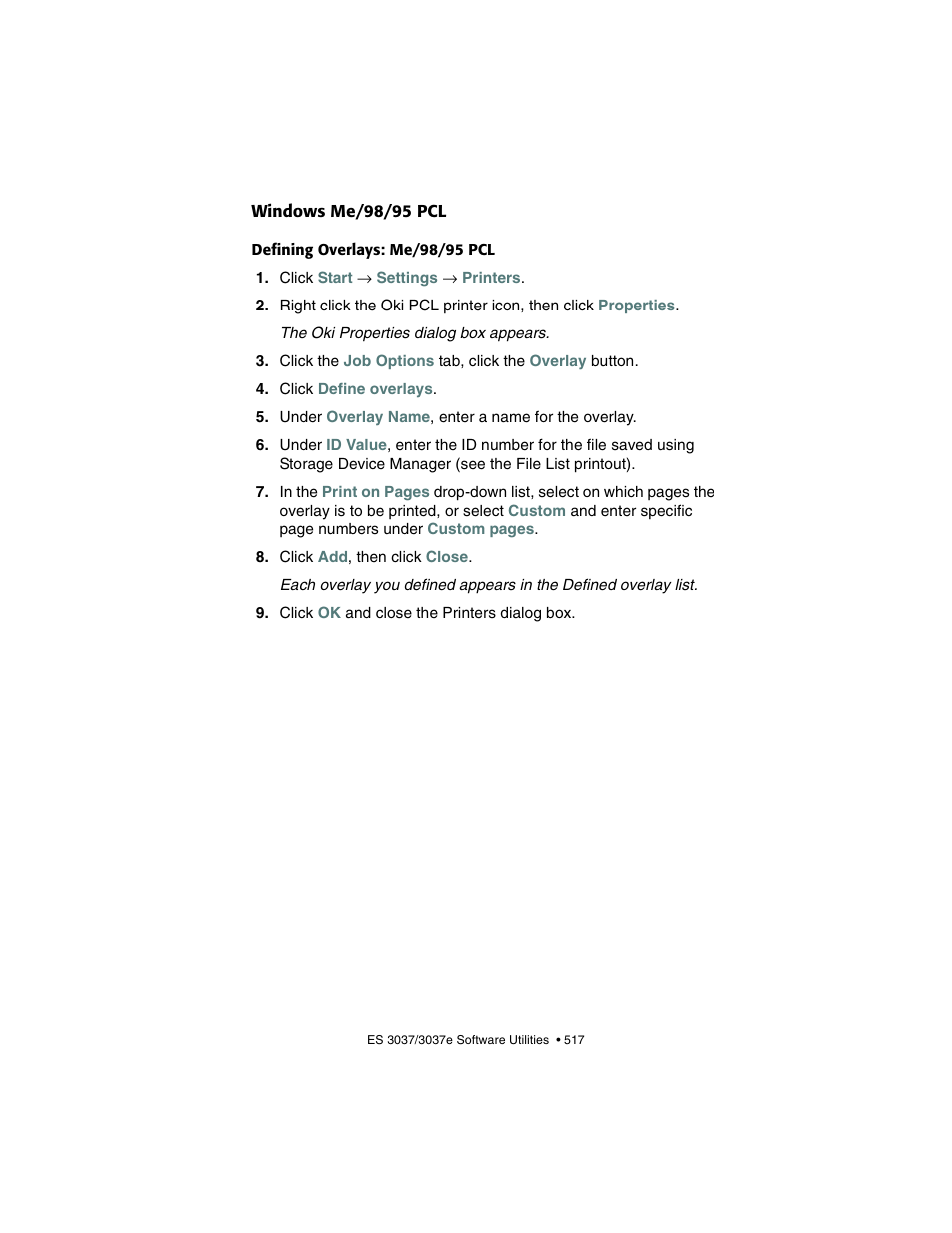Windows me/98/95 pcl, Defining overlays: me/98/95 pcl | Oki 3037 User Manual | Page 517 / 546