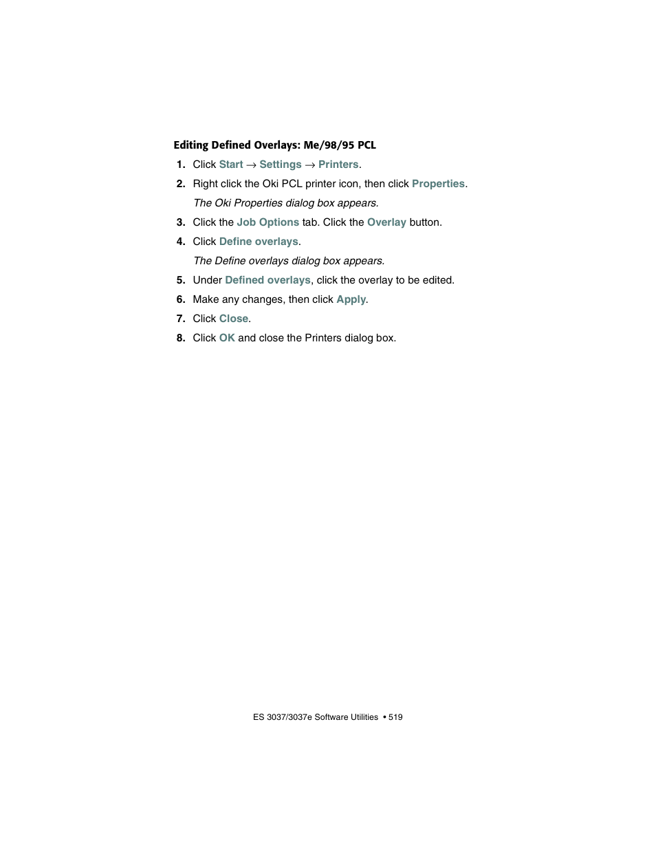 Editing defined overlays: me/98/95 pcl | Oki 3037 User Manual | Page 519 / 546