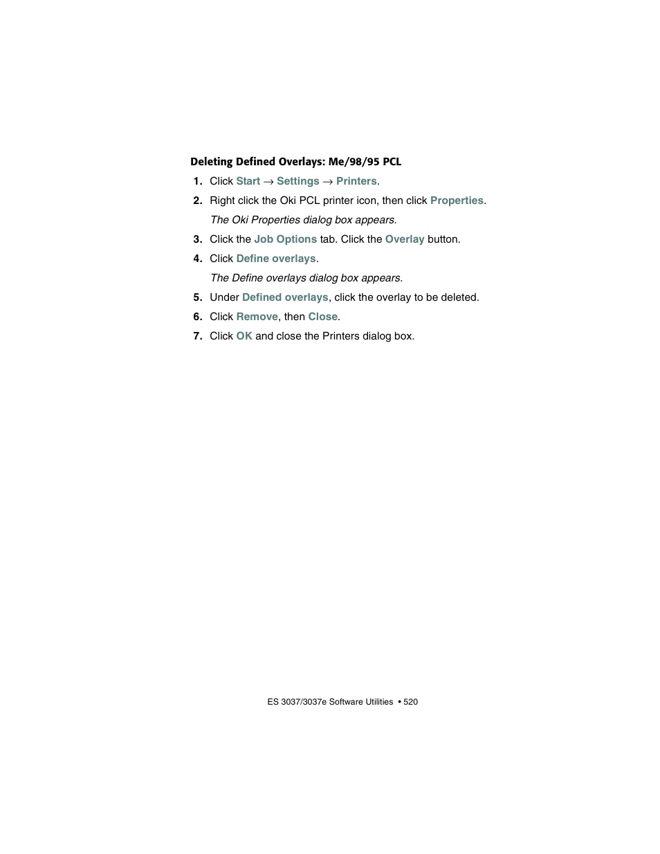 Deleting defined overlays: me/98/95 pcl | Oki 3037 User Manual | Page 520 / 546