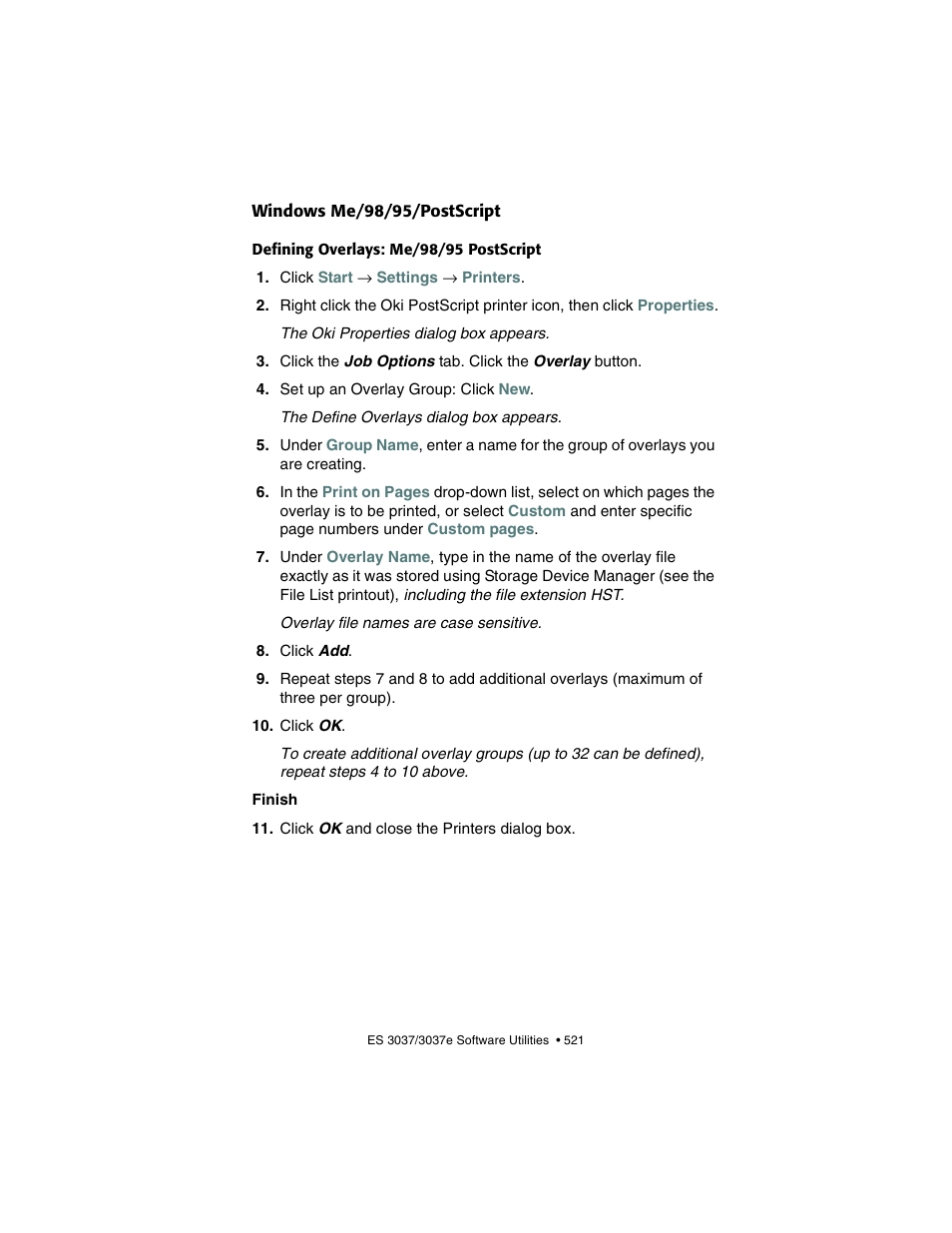 Windows me/98/95/postscript, Defining overlays: me/98/95 postscript | Oki 3037 User Manual | Page 521 / 546