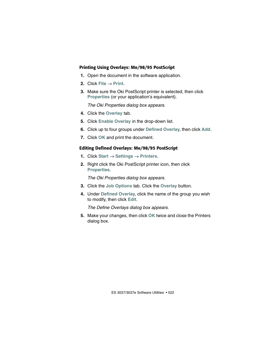 Printing using overlays: me/98/95 postscript, Editing defined overlays: me/98/95 postscript | Oki 3037 User Manual | Page 522 / 546