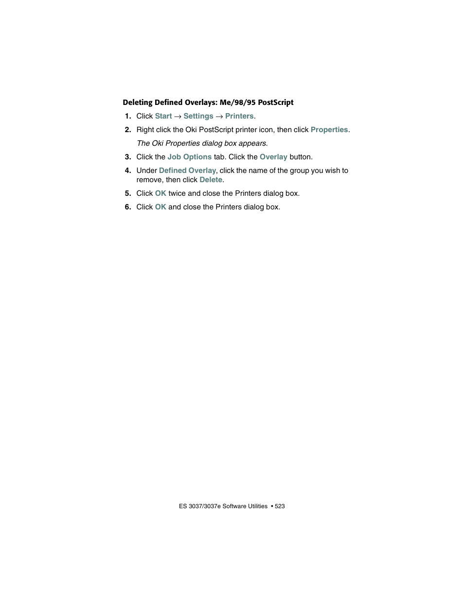 Deleting defined overlays: me/98/95 postscript | Oki 3037 User Manual | Page 523 / 546