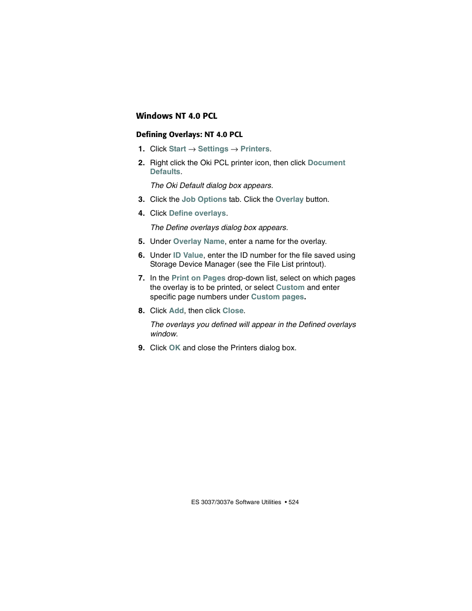 Windows nt 4.0 pcl, Defining overlays: nt 4.0 pcl | Oki 3037 User Manual | Page 524 / 546