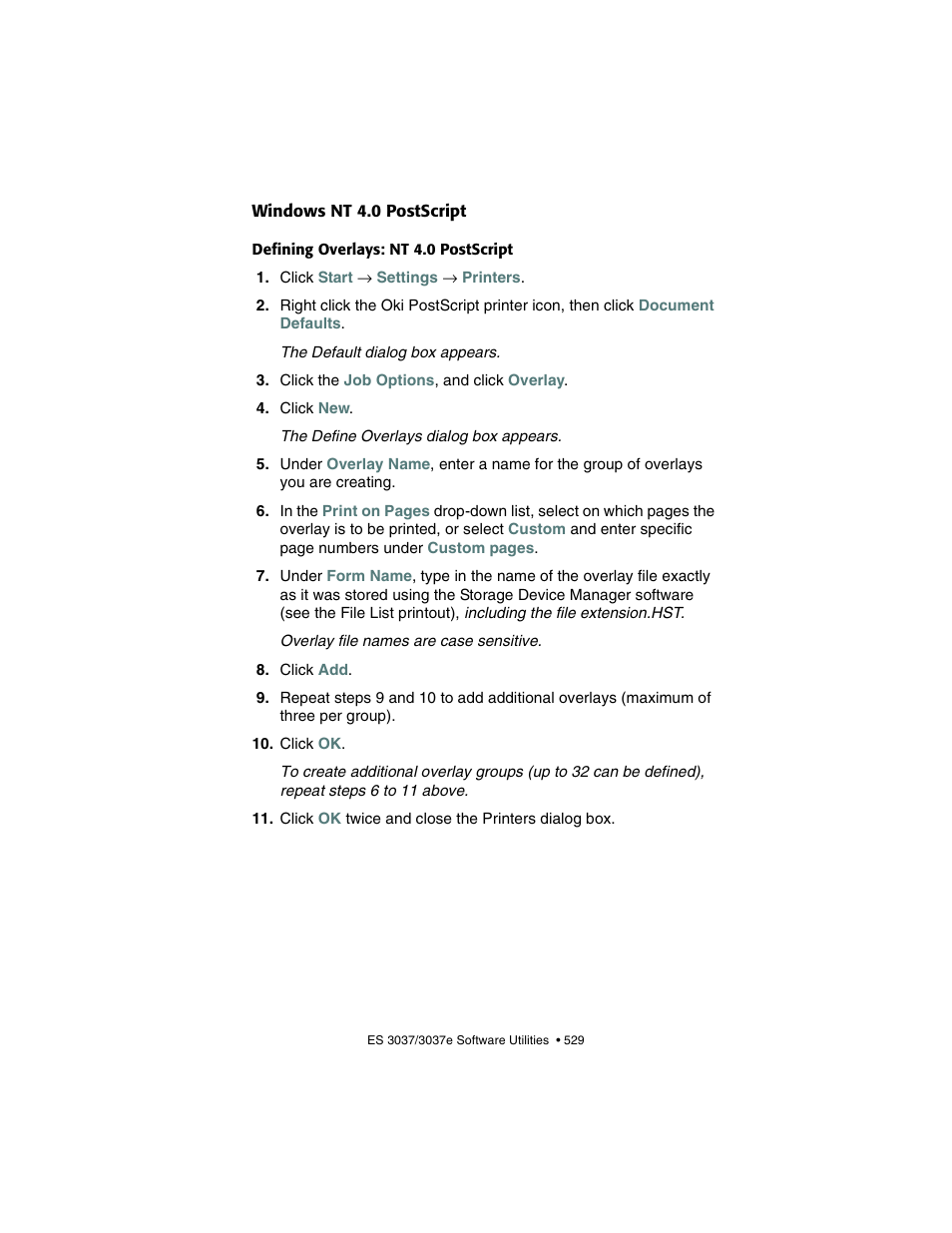 Windows nt 4.0 postscript, Defining overlays: nt 4.0 postscript | Oki 3037 User Manual | Page 529 / 546