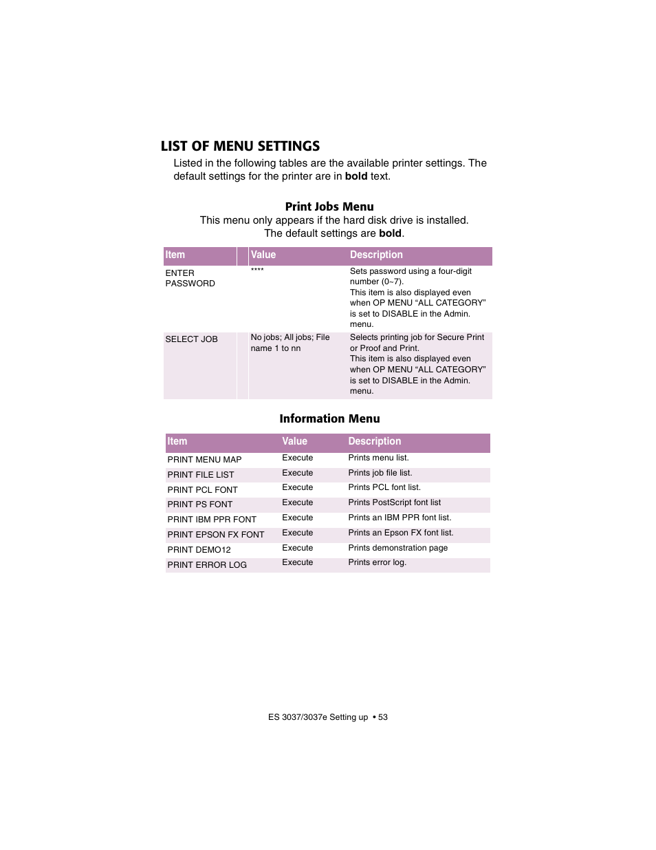 List of menu settings, Print jobs menu, Information menu | Oki 3037 User Manual | Page 53 / 546