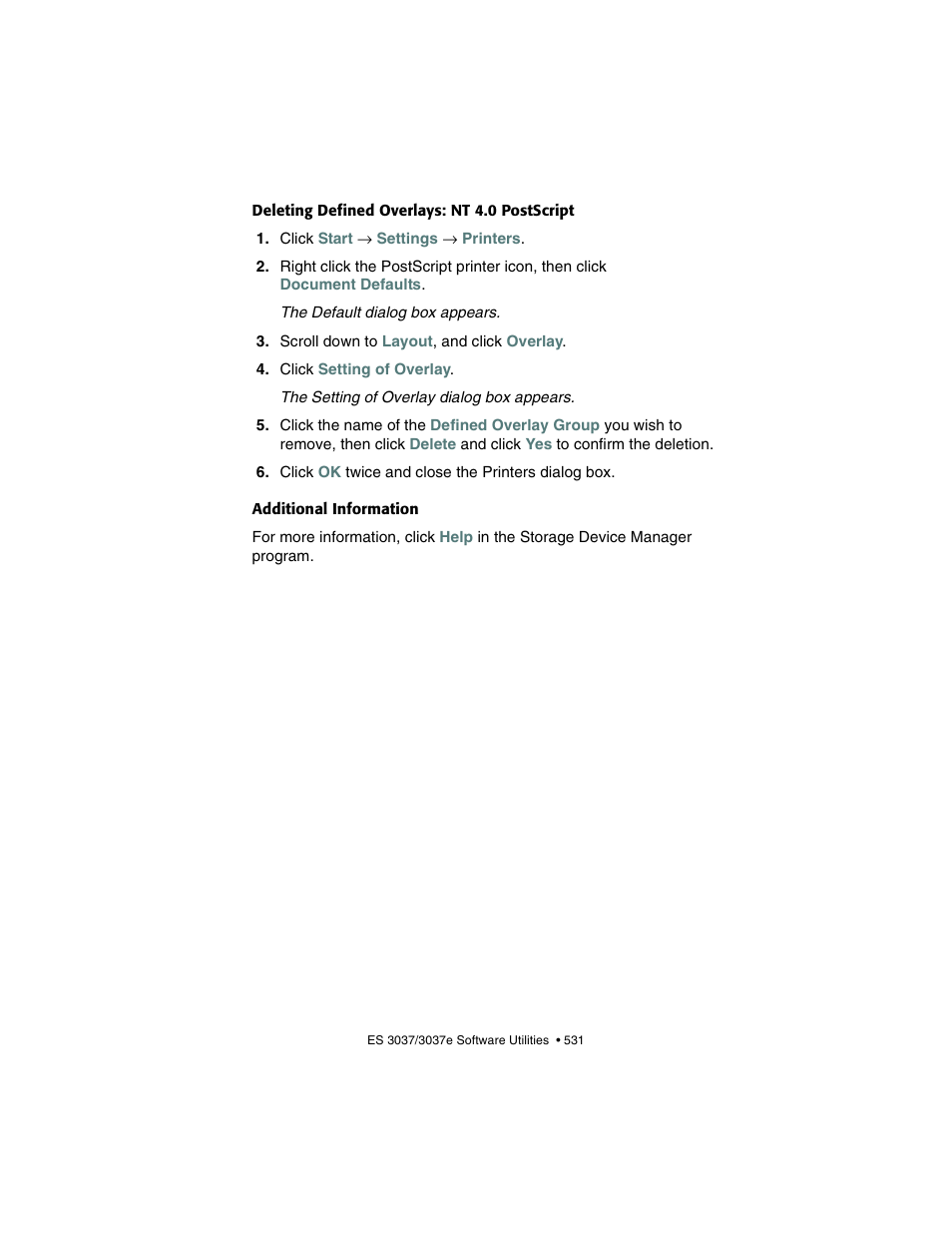 Deleting defined overlays: nt 4.0 postscript, Additional information | Oki 3037 User Manual | Page 531 / 546