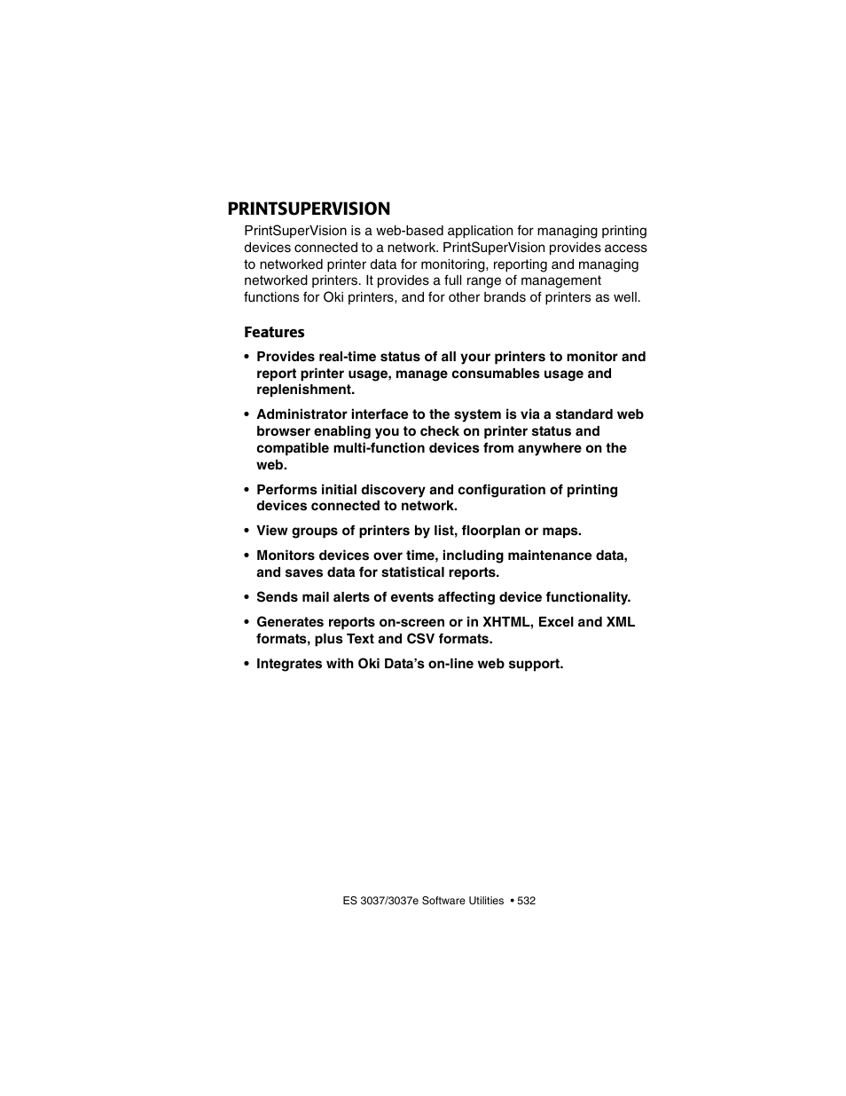 Printsupervision, Features | Oki 3037 User Manual | Page 532 / 546