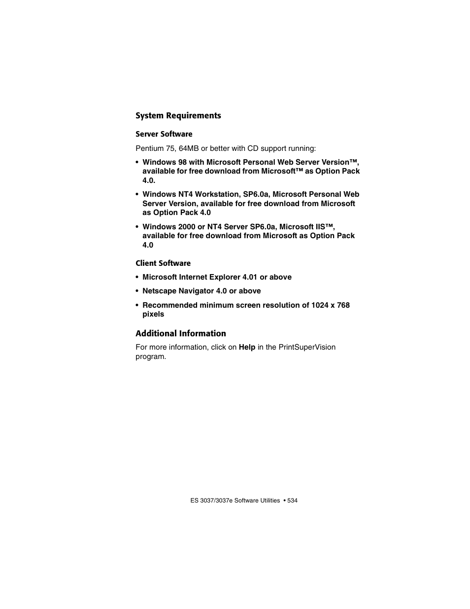 System requirements, Server software, Client software | Additional information, System requirements additional information | Oki 3037 User Manual | Page 534 / 546