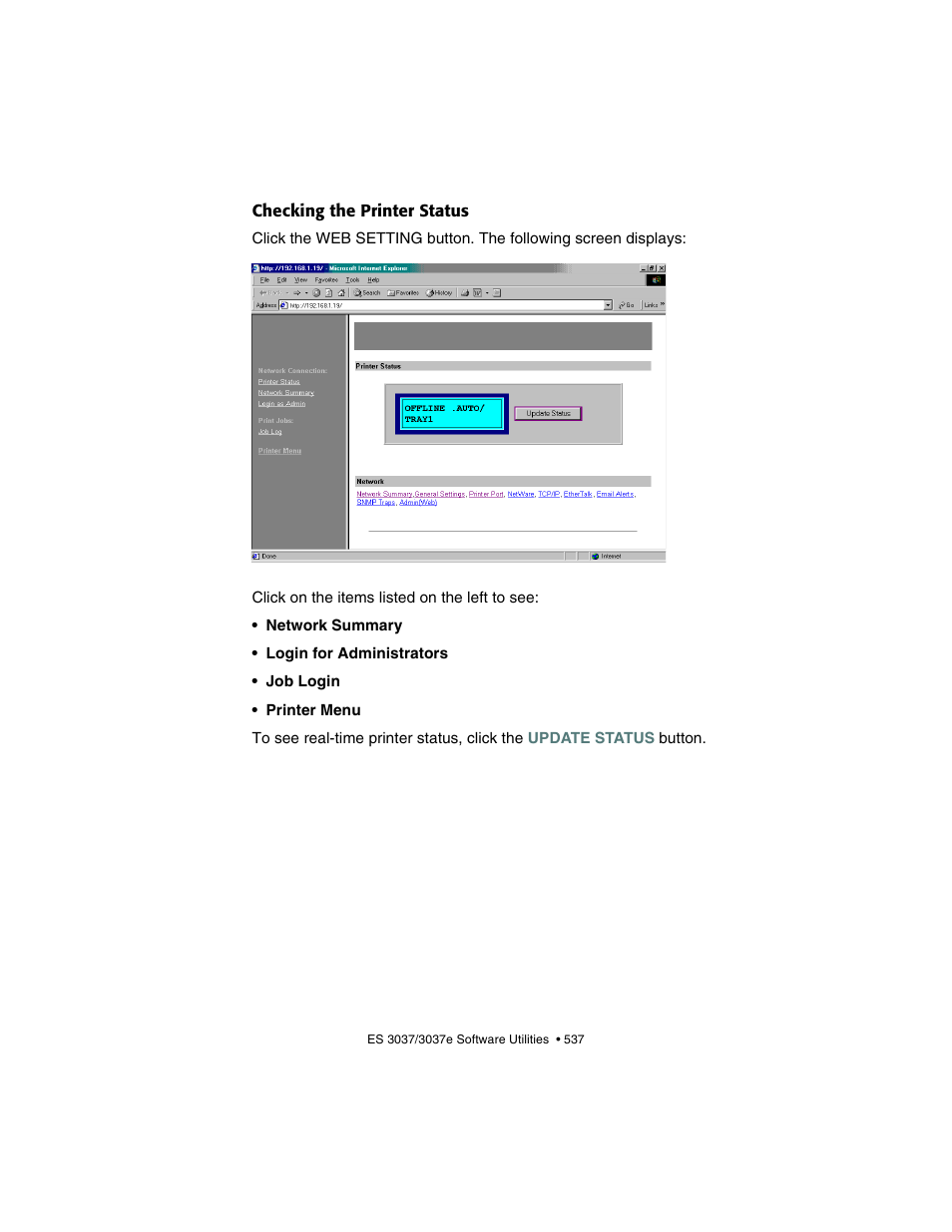 Checking the printer status | Oki 3037 User Manual | Page 537 / 546