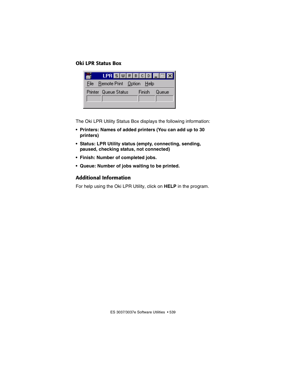 Oki lpr status box, Additional information, Oki lpr status box additional information | Oki 3037 User Manual | Page 539 / 546