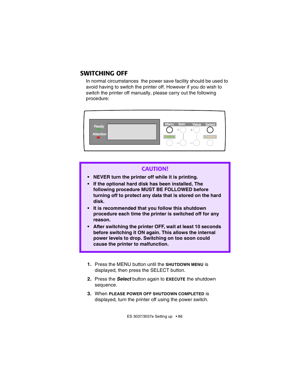 Switching off, Caution | Oki 3037 User Manual | Page 86 / 546