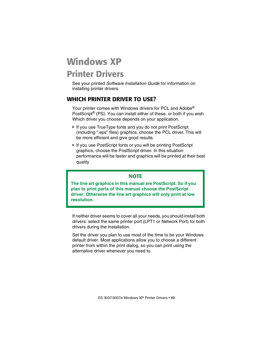 Windows xp, Printer drivers, Which printer driver to use | Oki 3037 User Manual | Page 89 / 546
