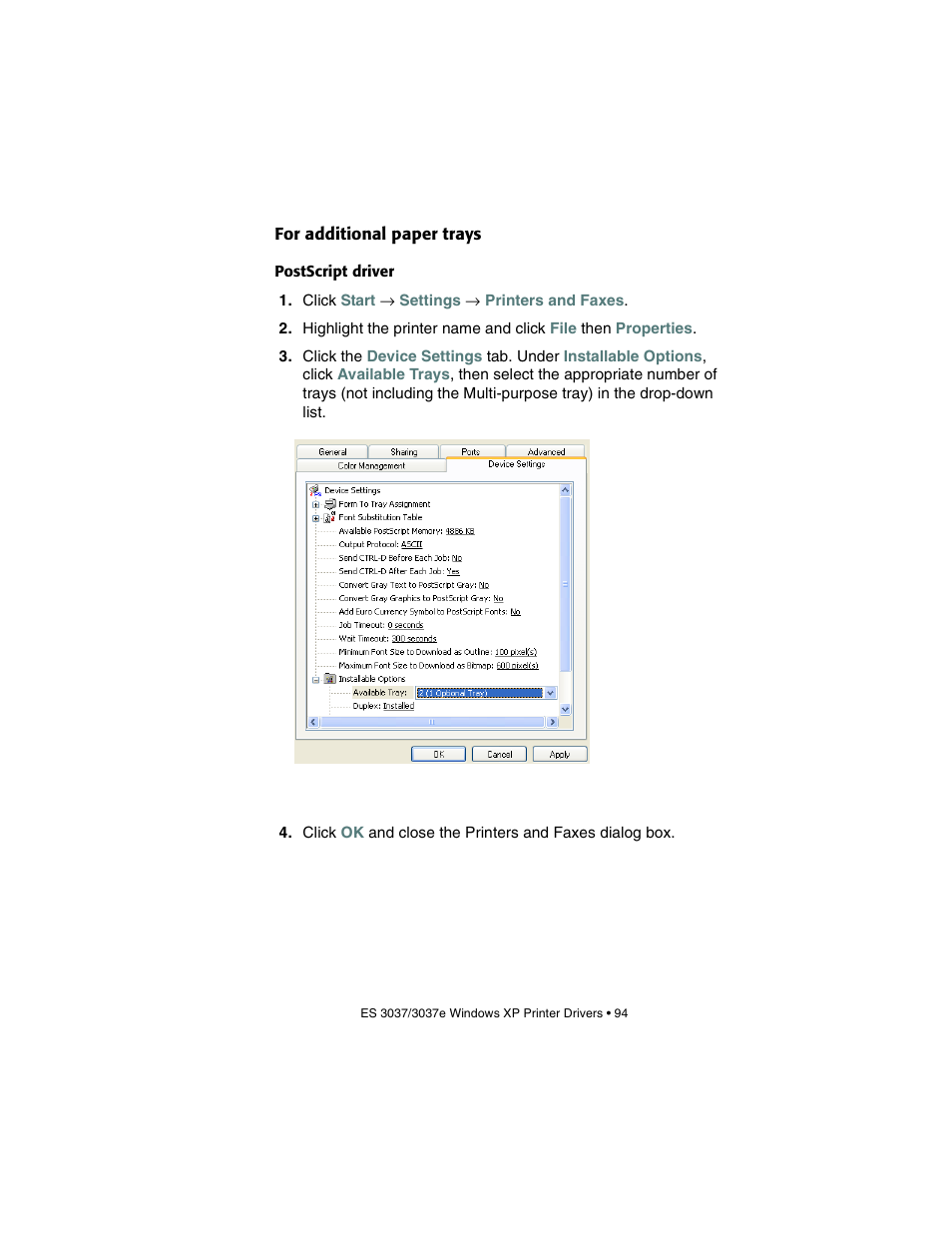 For additional paper trays, Postscript driver | Oki 3037 User Manual | Page 94 / 546