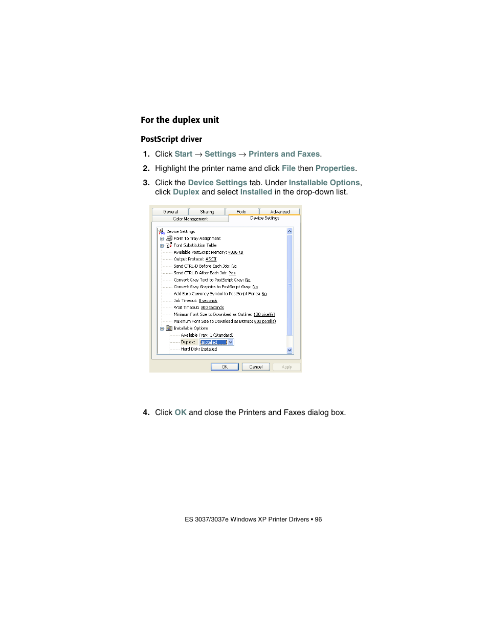 For the duplex unit, Postscript driver | Oki 3037 User Manual | Page 96 / 546