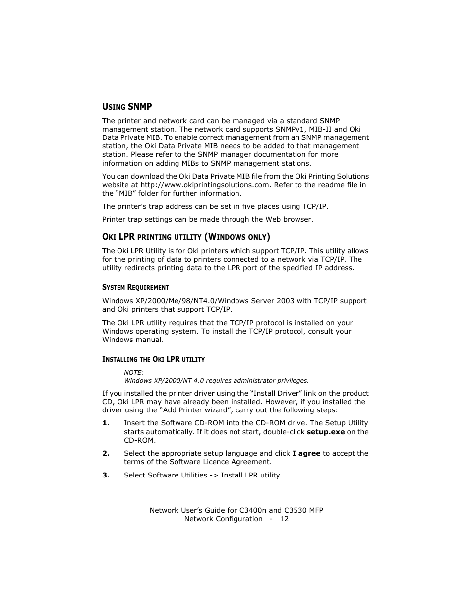 Using snmp, Oki lpr printing utility (windows only), System requirement | Installing the oki lpr utility, Using snmp oki lpr printing utility (windows only), System requirement installing the oki lpr utility | Oki C3400 User Manual | Page 12 / 35