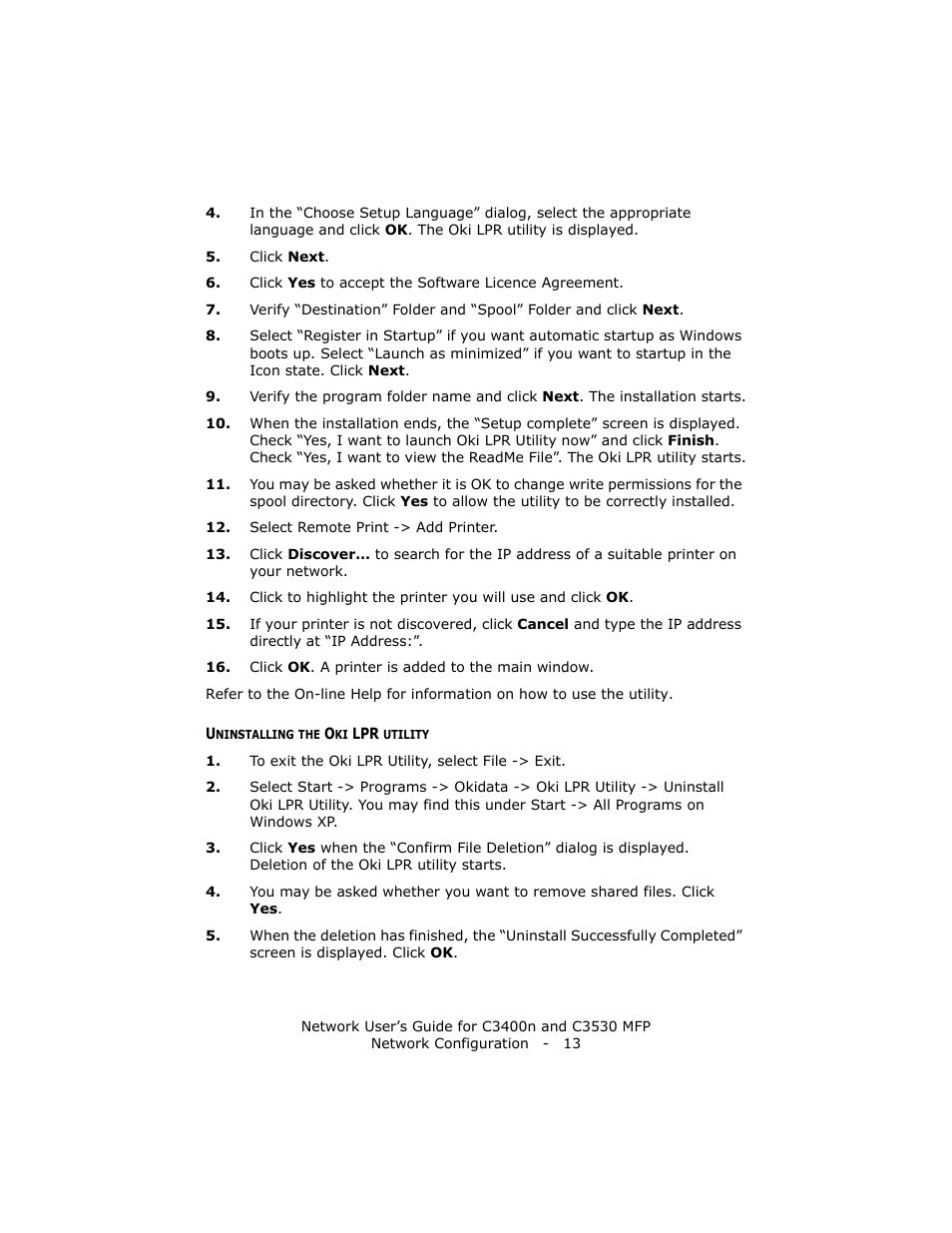 Uninstalling the oki lpr utility | Oki C3400 User Manual | Page 13 / 35