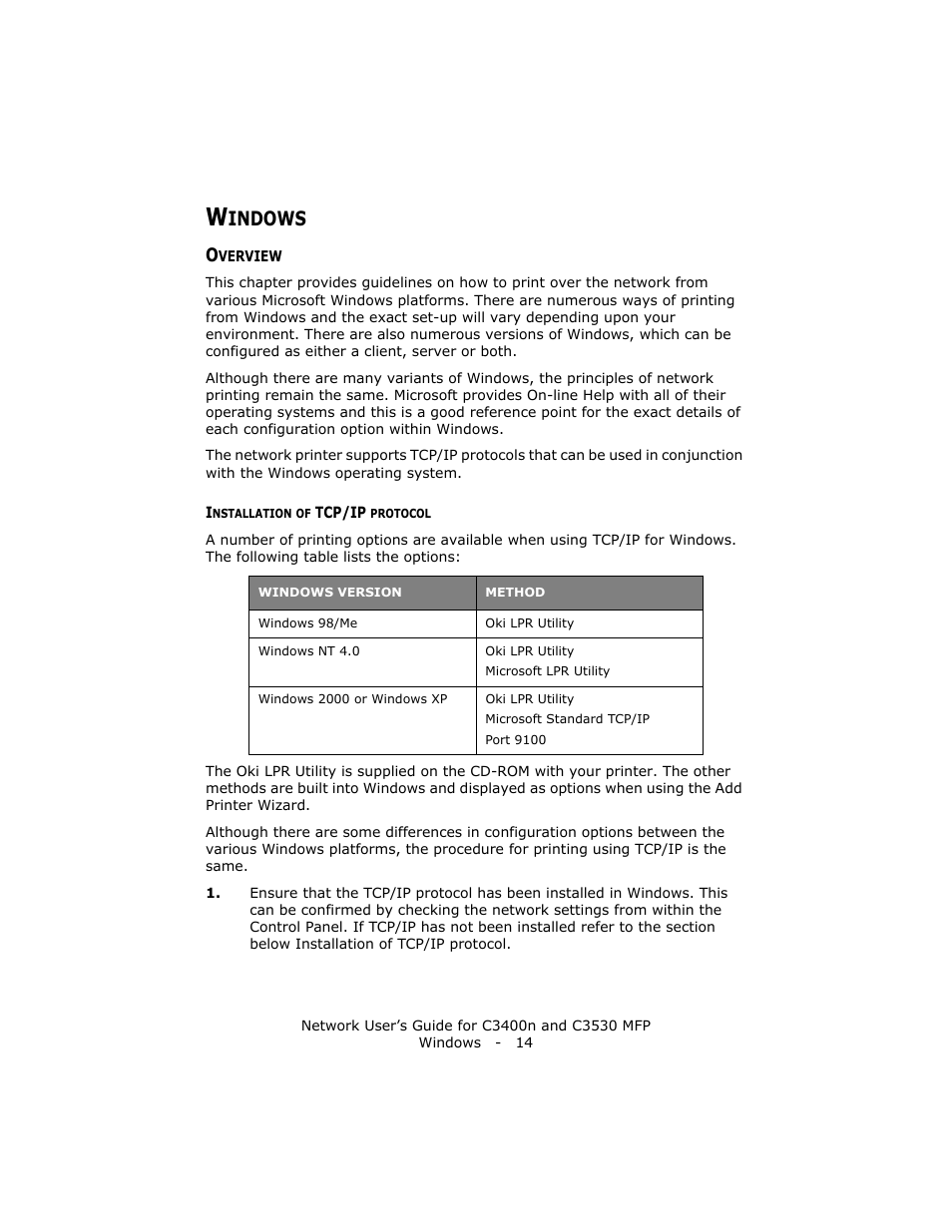Windows, Overview, Installation of tcp/ip protocol | Indows | Oki C3400 User Manual | Page 14 / 35