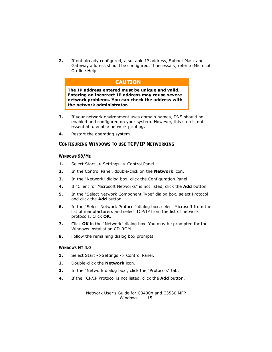 Configuring windows to use tcp/ip networking, Windows 98/me, Windows nt 4.0 | Windows 98/me windows nt 4.0, Tcp/ip n | Oki C3400 User Manual | Page 15 / 35