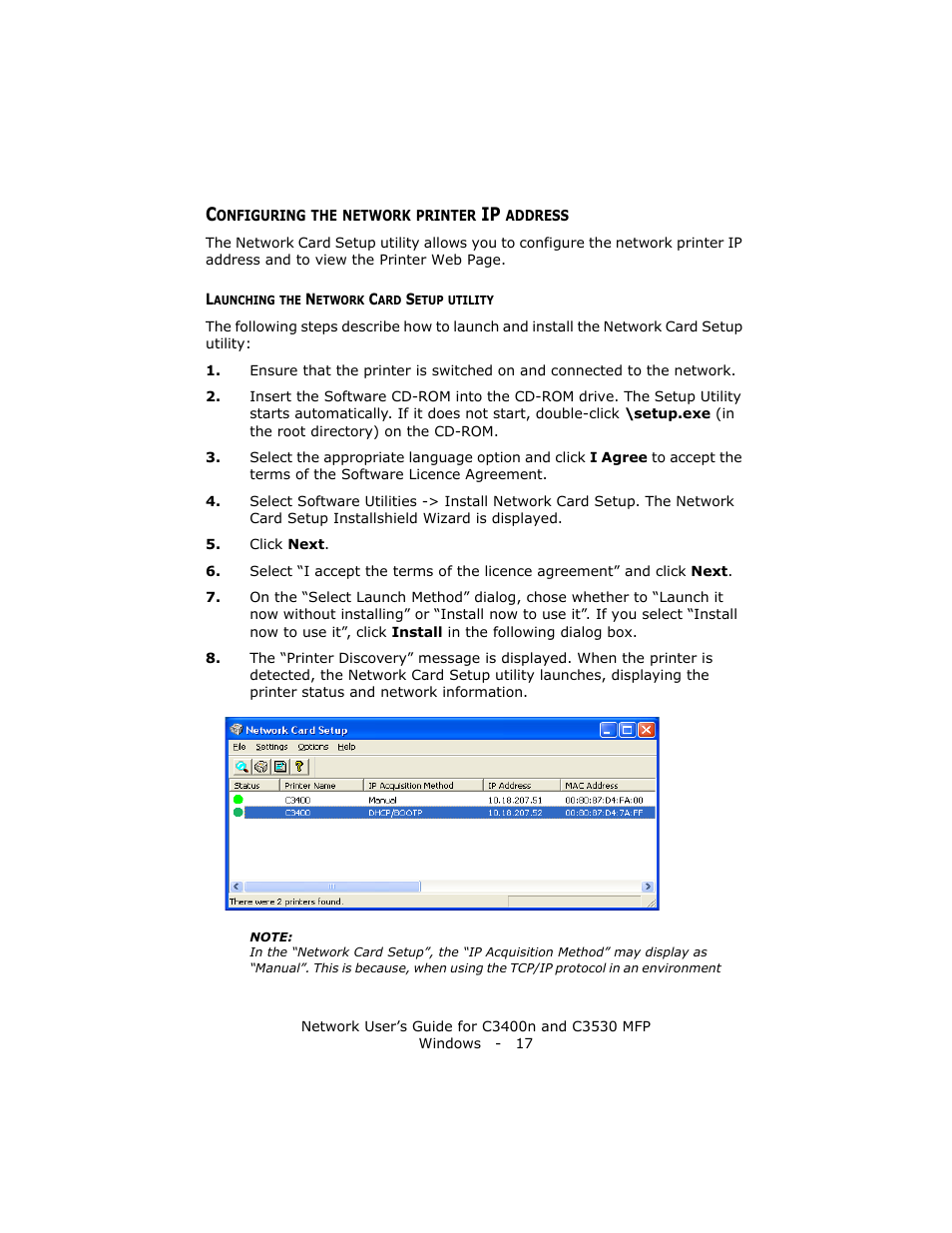 Configuring the network printer ip address, Launching the network card setup utility | Oki C3400 User Manual | Page 17 / 35