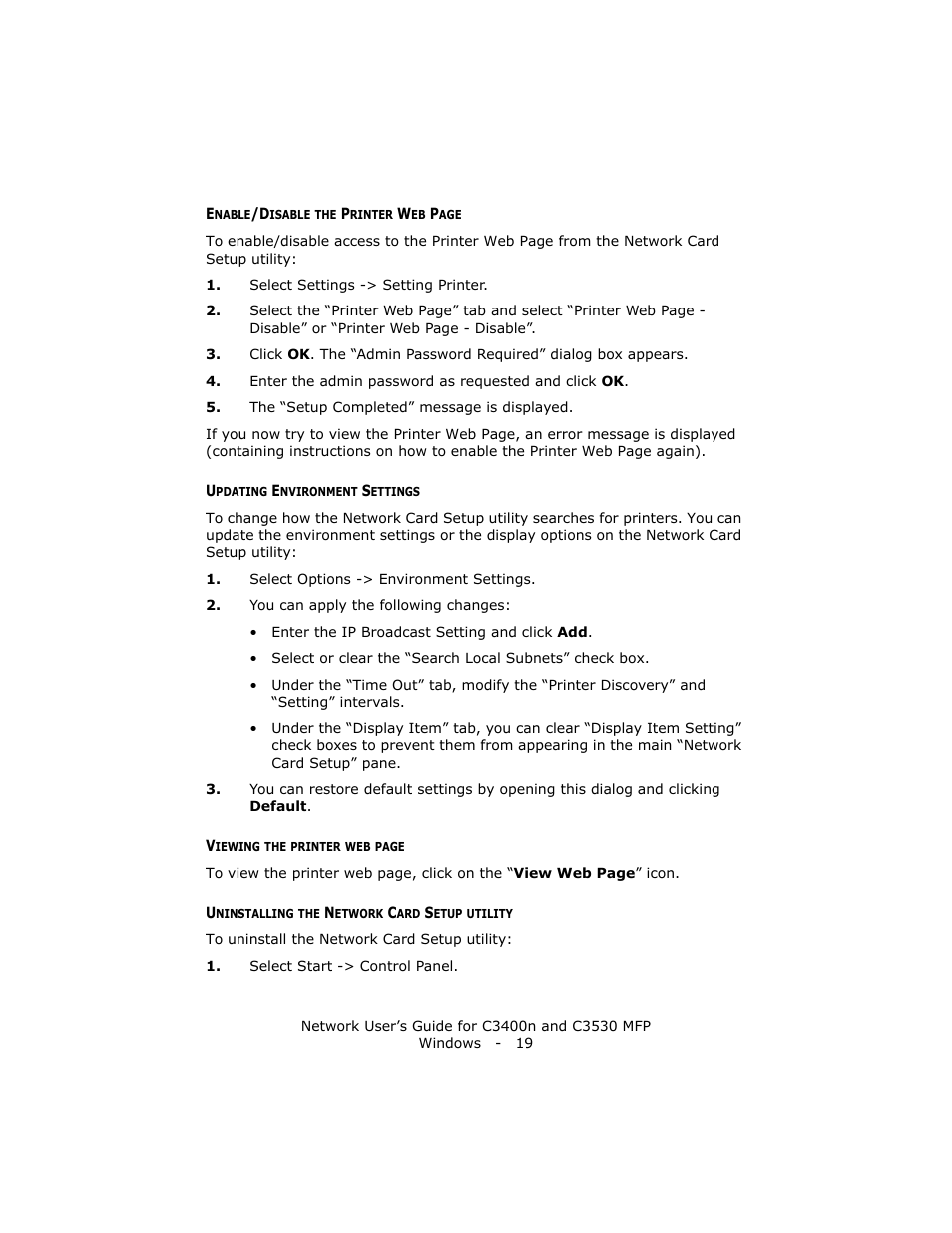 Updating environment settings, Uninstalling the network card setup utility | Oki C3400 User Manual | Page 19 / 35