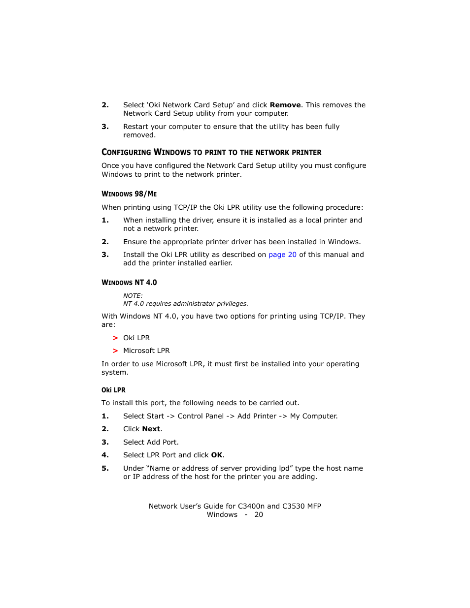 Windows 98/me, Windows nt 4.0, Windows 98/me windows nt 4.0 | Oki C3400 User Manual | Page 20 / 35