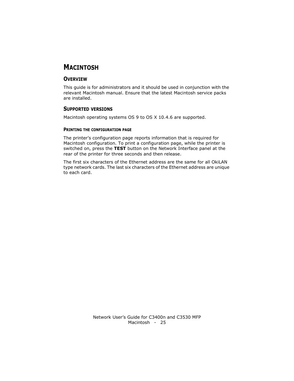 Macintosh, Overview, Supported versions | Overview supported versions, Acintosh | Oki C3400 User Manual | Page 25 / 35