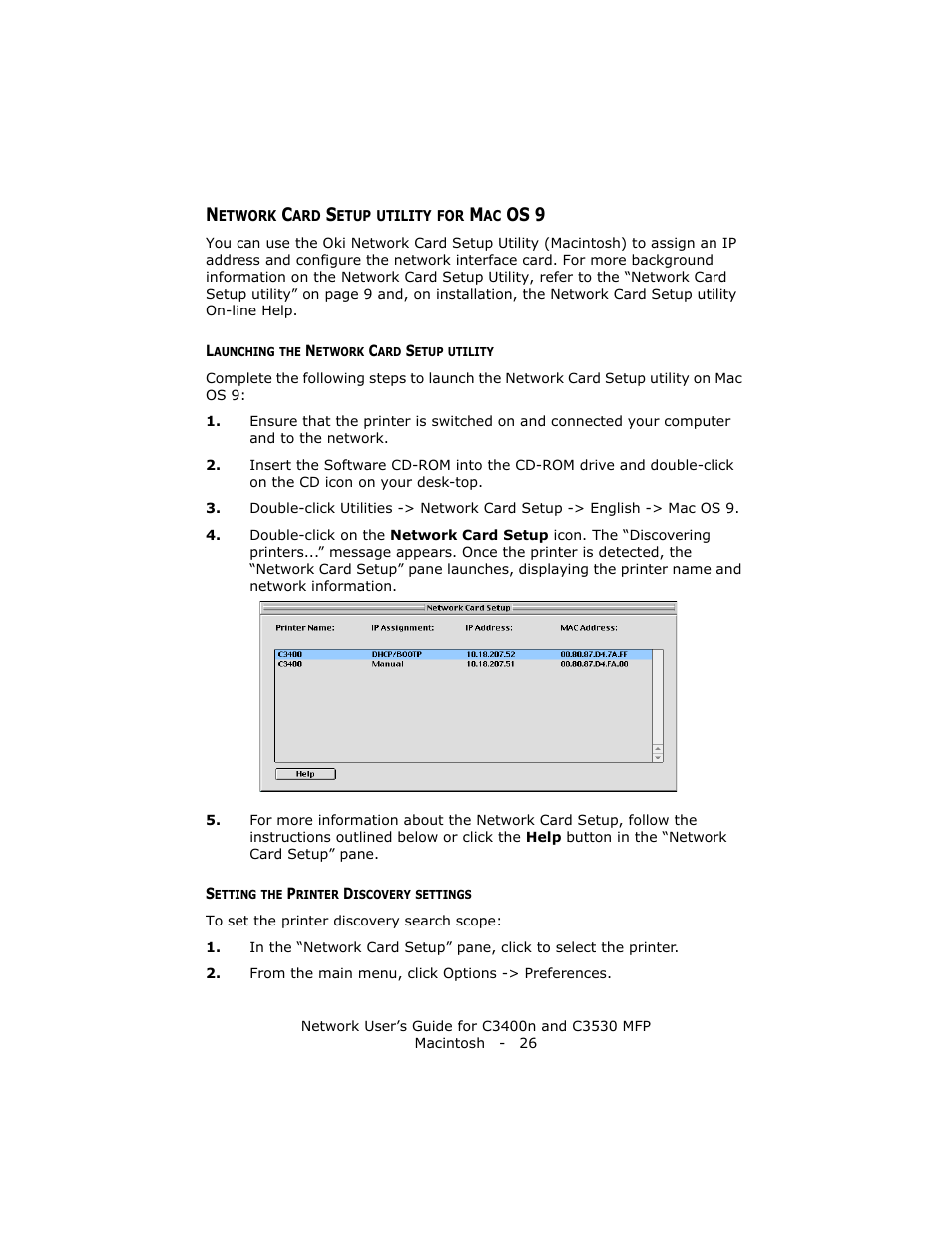 Network card setup utility for mac os 9, Launching the network card setup utility, Setting the printer discovery settings | Os 9 | Oki C3400 User Manual | Page 26 / 35