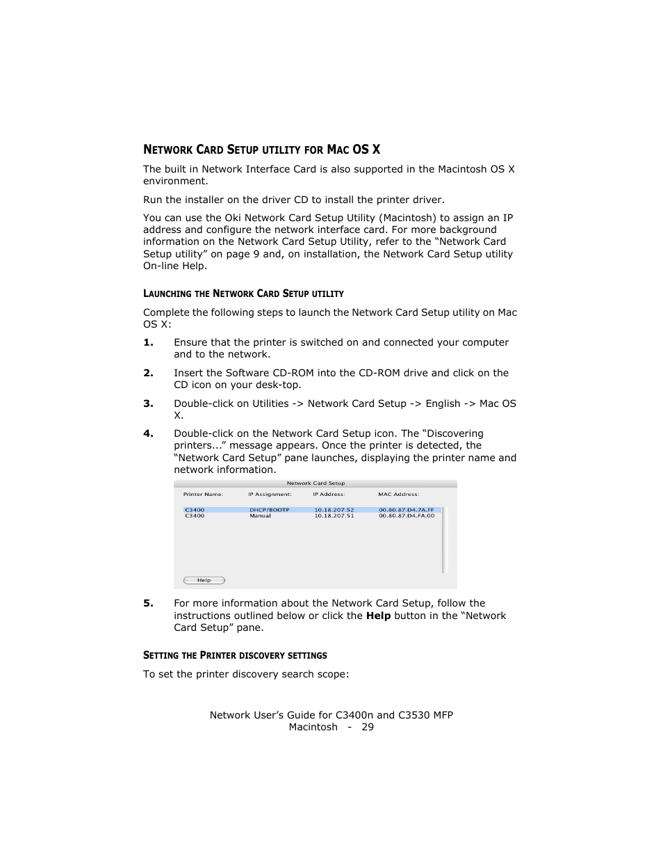 Network card setup utility for mac os x, Launching the network card setup utility, Setting the printer discovery settings | Os x | Oki C3400 User Manual | Page 29 / 35