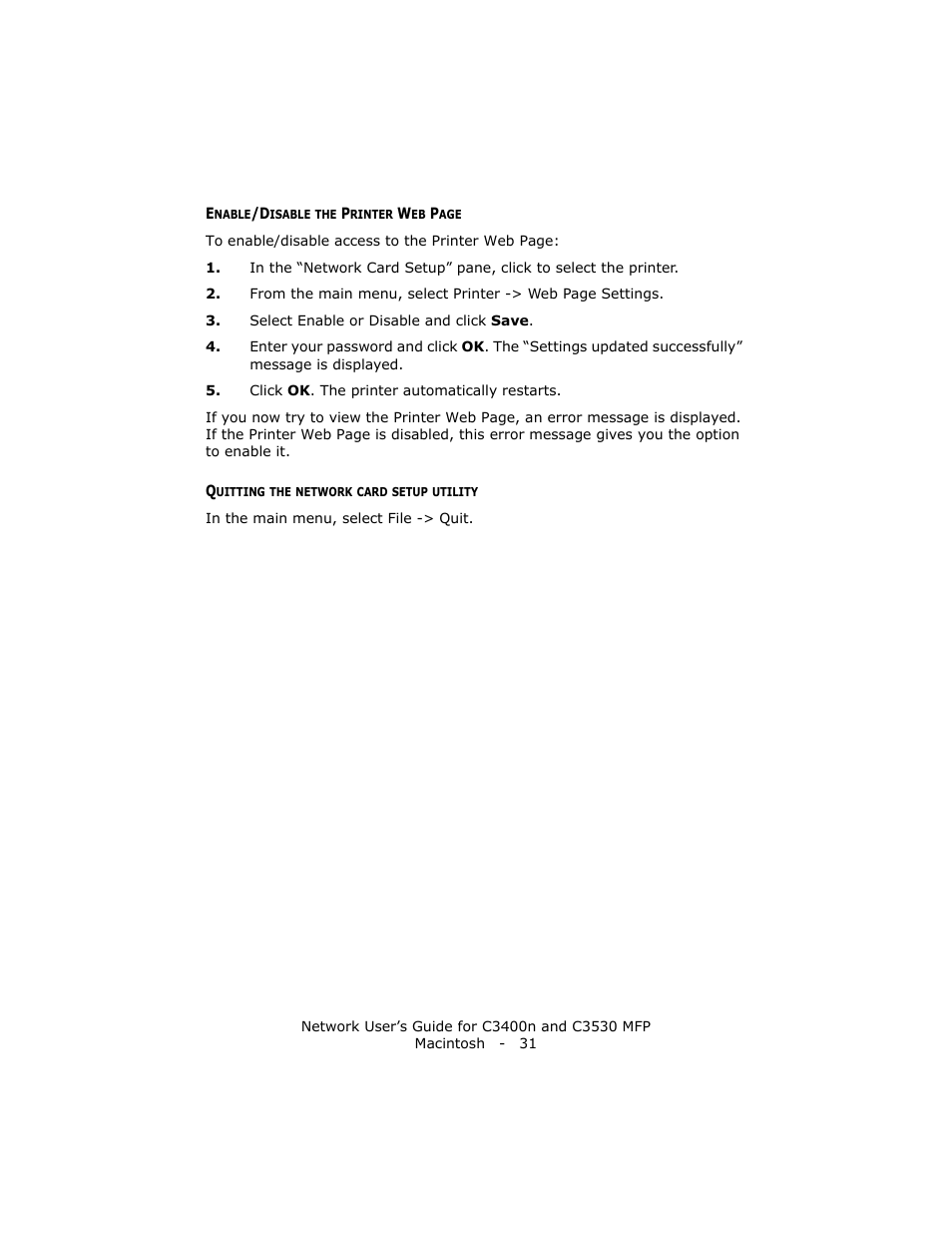 Quitting the network card setup utility | Oki C3400 User Manual | Page 31 / 35