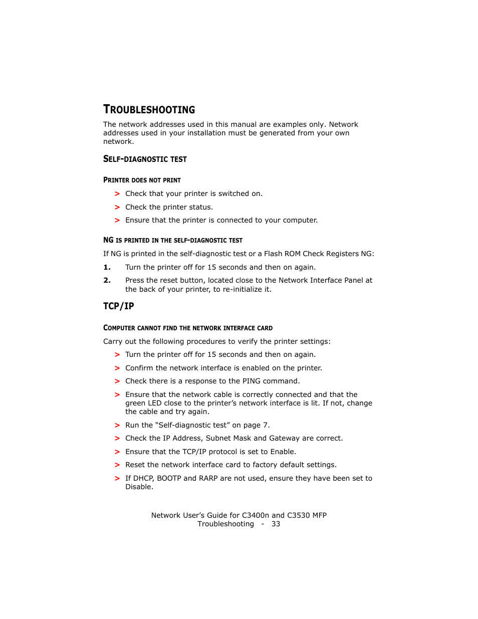 Troubleshooting, Self-diagnostic test, Printer does not print | Ng is printed in the self-diagnostic test, Tcp/ip, Computer cannot find the network interface card, Roubleshooting | Oki C3400 User Manual | Page 33 / 35